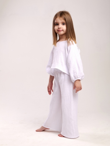 329-БЛ. Костюм детский Палаццо, белый, хлопок 100%  муслин, размеры 98,104,110,116