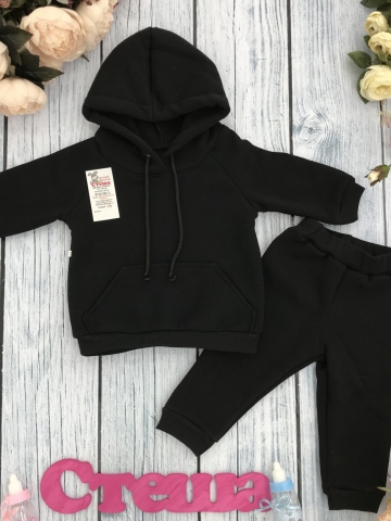 Купить оптом 296-Ч. Свитшот с капюшоном + Штаны, хлопок 65%, 35% ПЭ, 3-х нитка (начес) черный 80,86,92 в Пензе