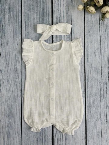 Купить оптом 341-МО. Песочник с повязкой для девочки из муслина, хлопок 100%, р 62,68,74,80 молочный в Пензе